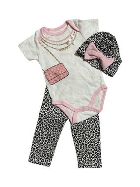 Unbranded Pink & Black Leopard Baby Matching Set - Bodysuit, Leggings & Hat